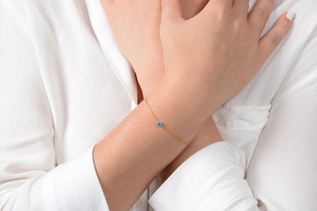 14K Solid Gold Evil Eye Bracelet: Double Sided Charm Bracelet