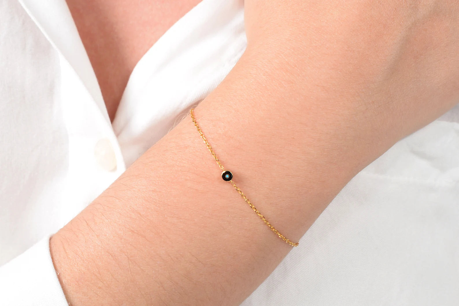 14K Solid Gold Evil Eye Bracelet: Double Sided Charm Bracelet