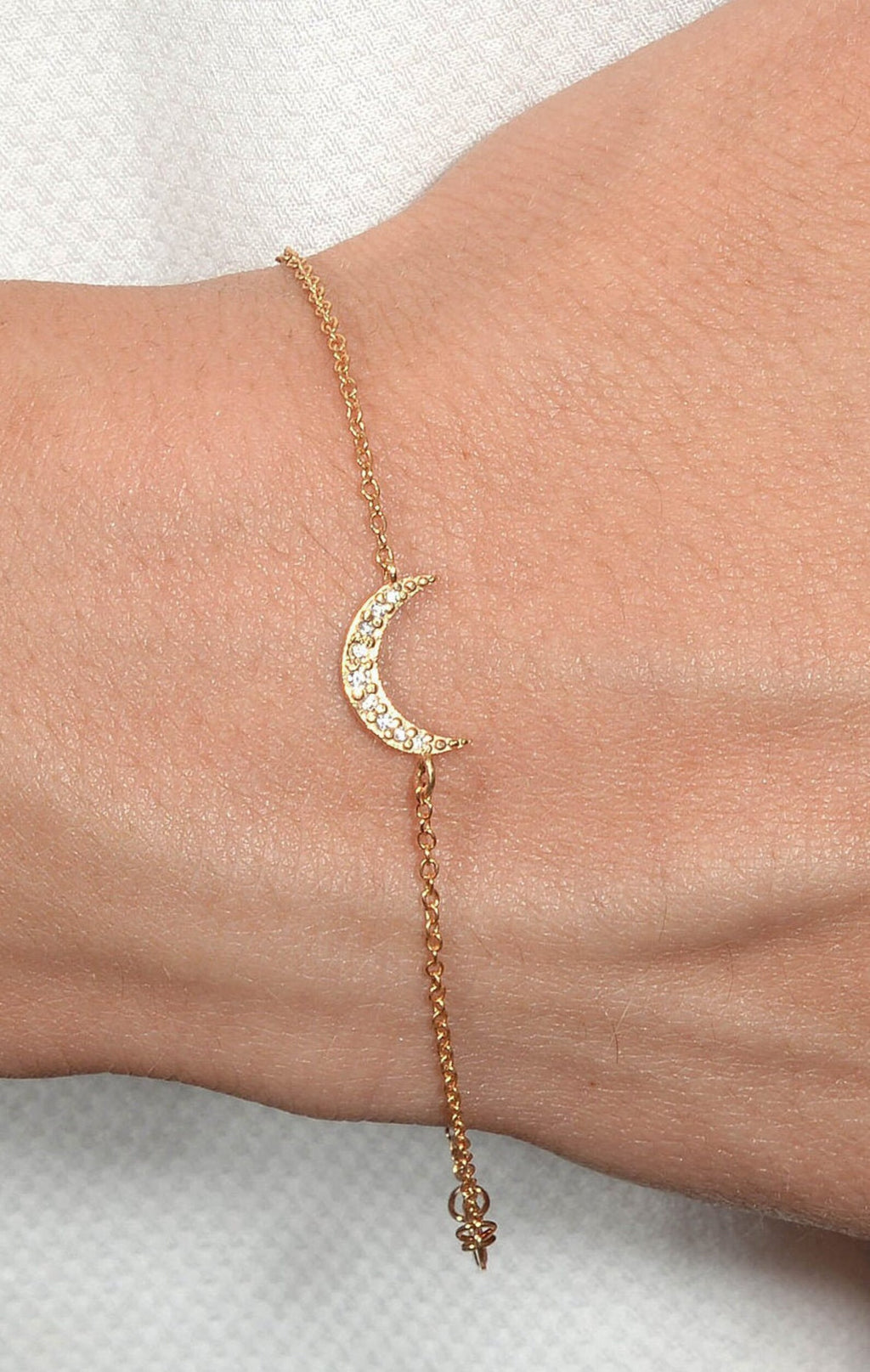 14K Solid Gold Diamond Moon Bracelet: Celestial Jewelry