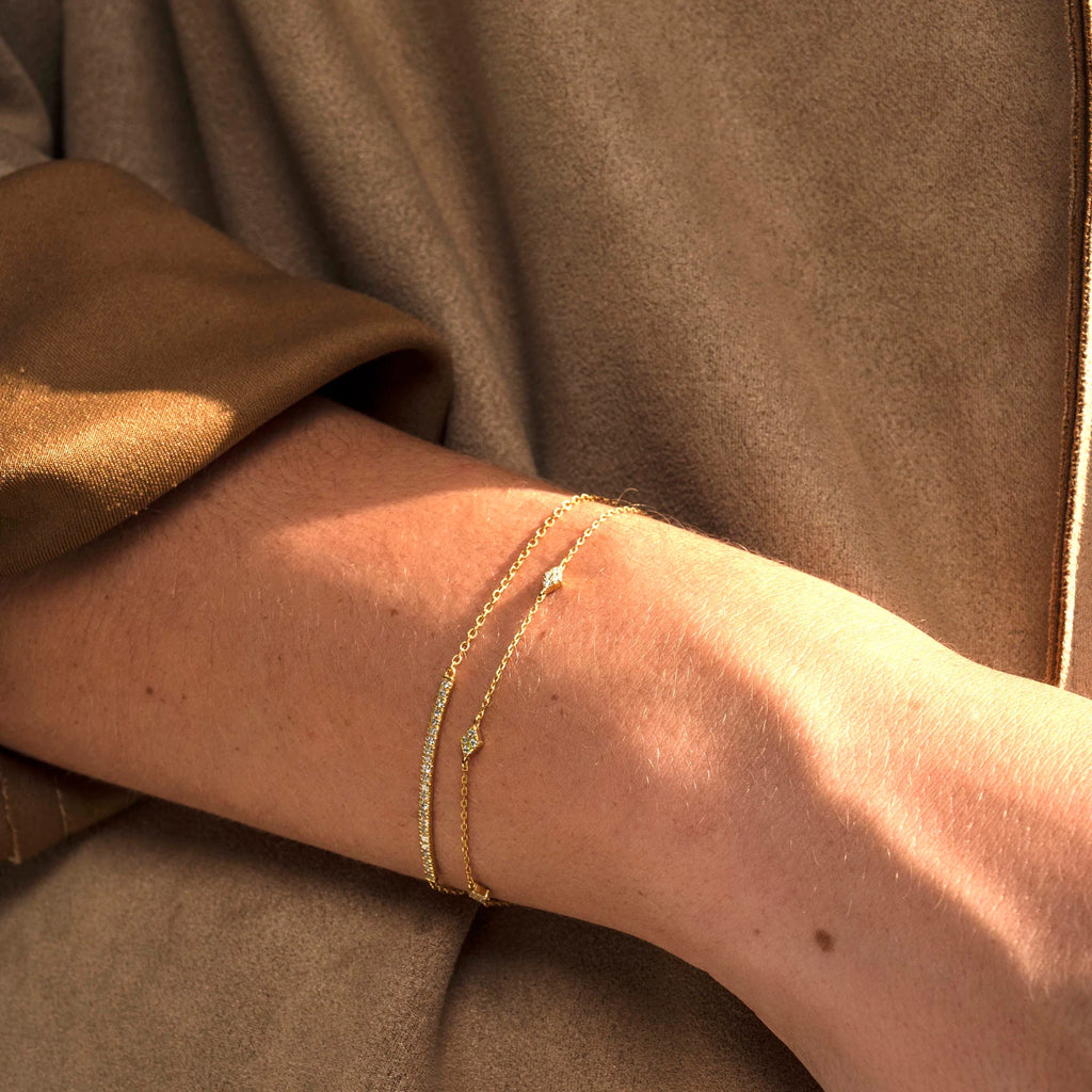 Solid Gold Pave Diamond Bar Bracelet: Minimalist Fine Jewelry