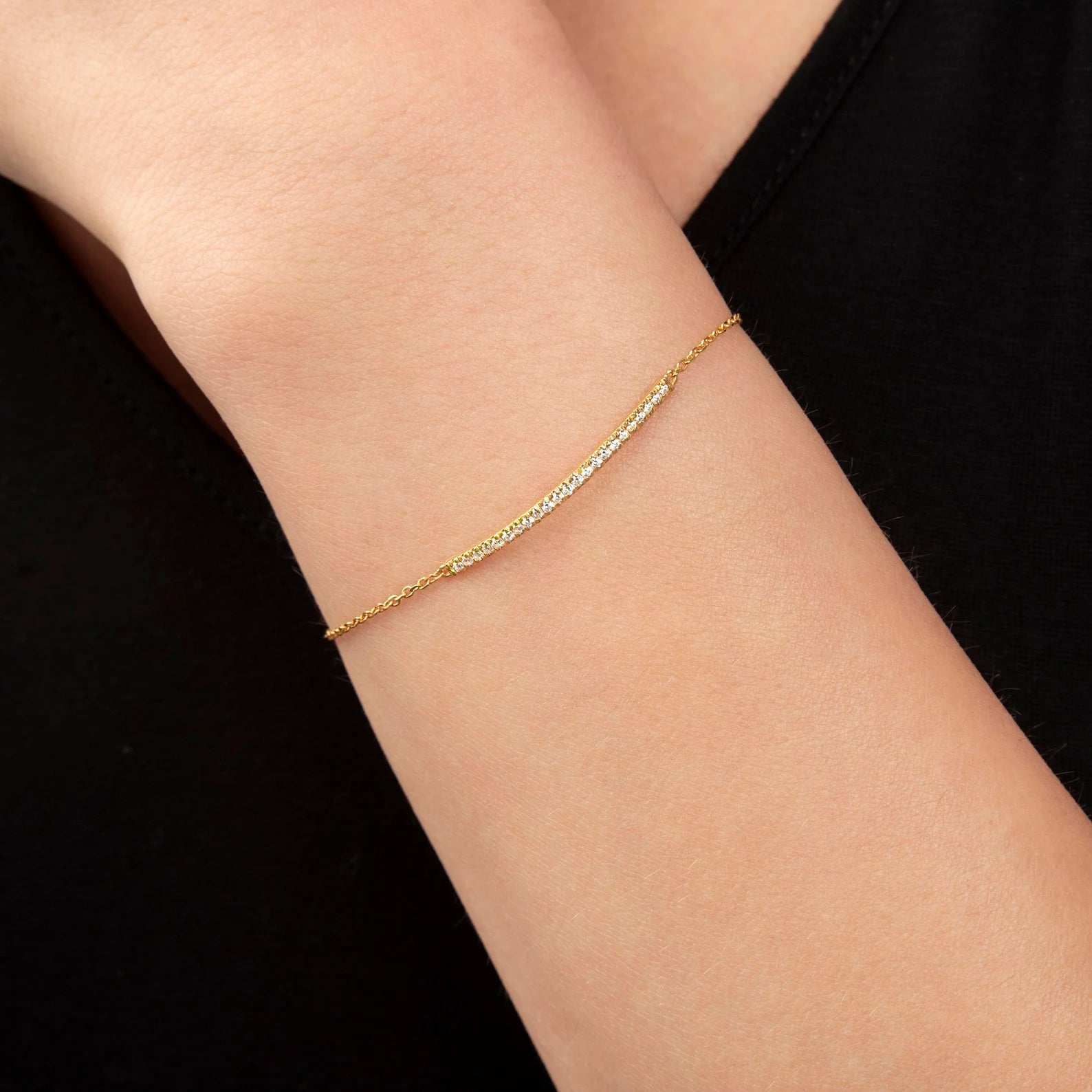Solid Gold Pave Diamond Bar Bracelet: Minimalist Fine Jewelry