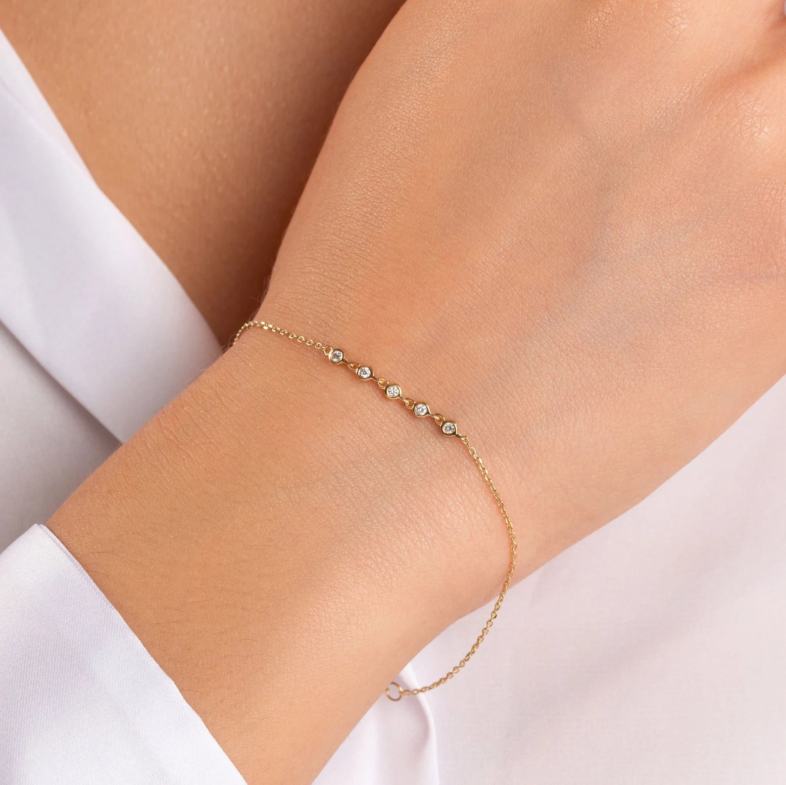 Solid Gold Diamond Tennis Bracelet: Dainty Bezel Set | Wedding Bracelet