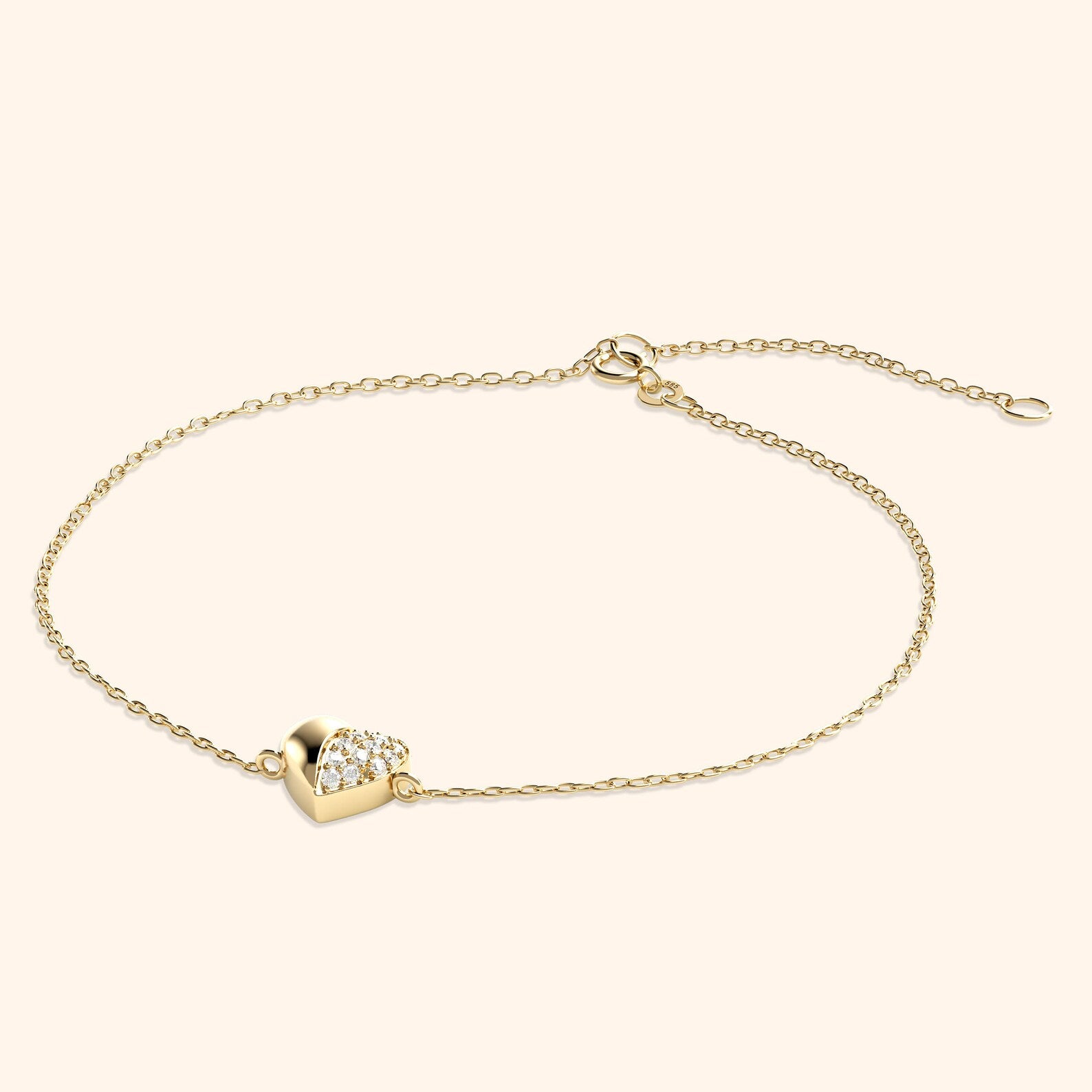 Solid Gold Diamond Heart Bracelet: Dainty Adjustable Jewelry