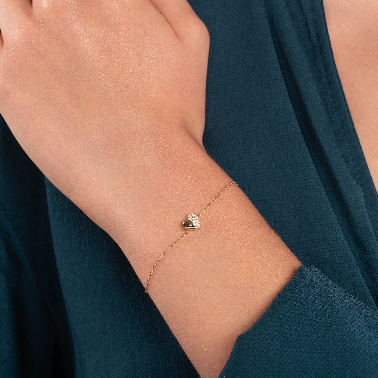 Solid Gold Diamond Heart Bracelet: Dainty Adjustable Jewelry