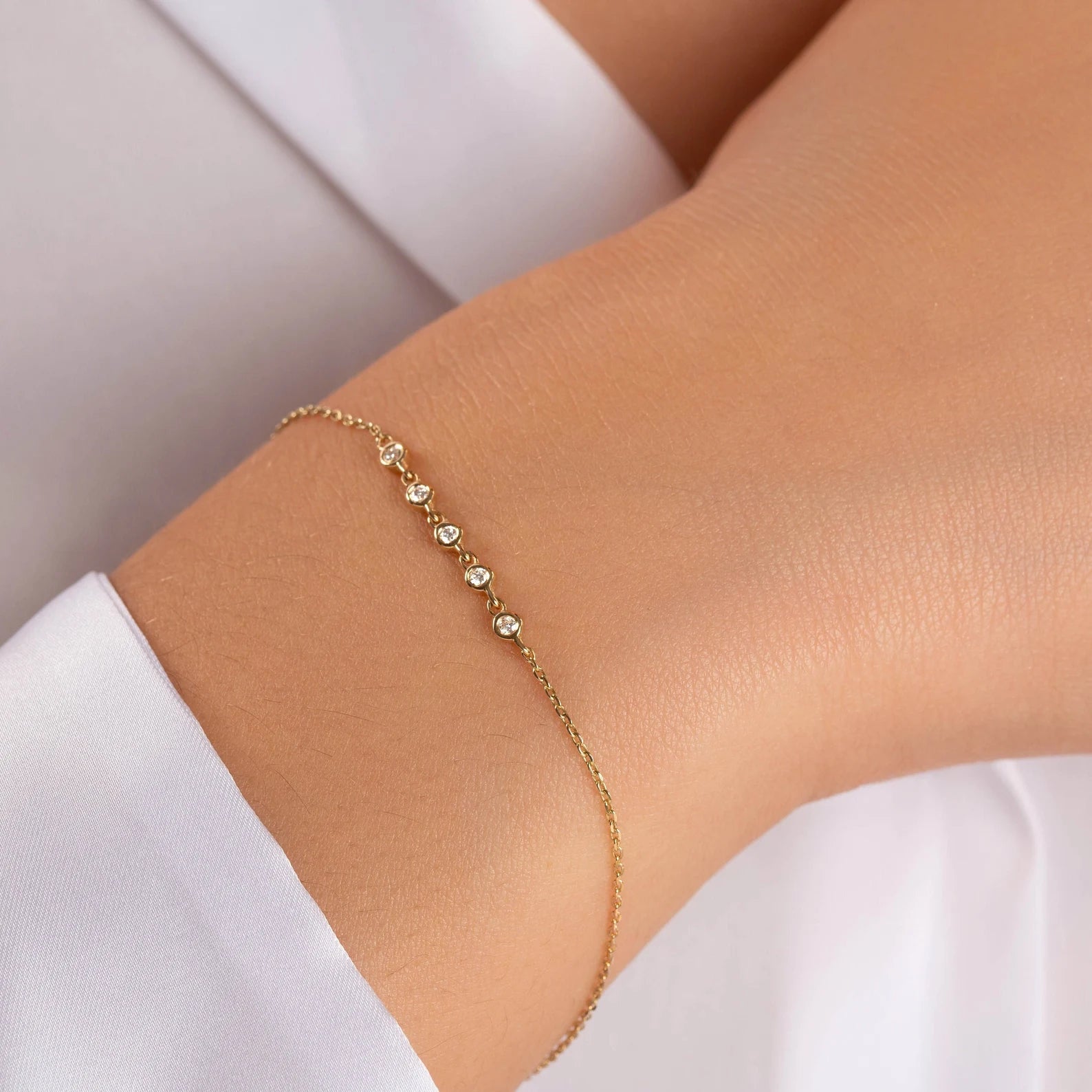 Solid Gold Diamond Tennis Bracelet: Dainty Bezel Set | Wedding Bracelet