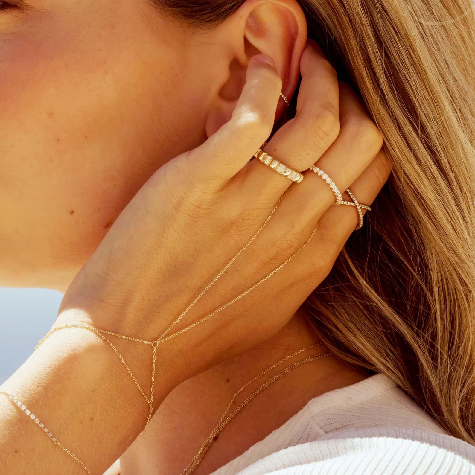 14k Solid Gold Hand Chain Bracelet - Ring Chain Jewelry