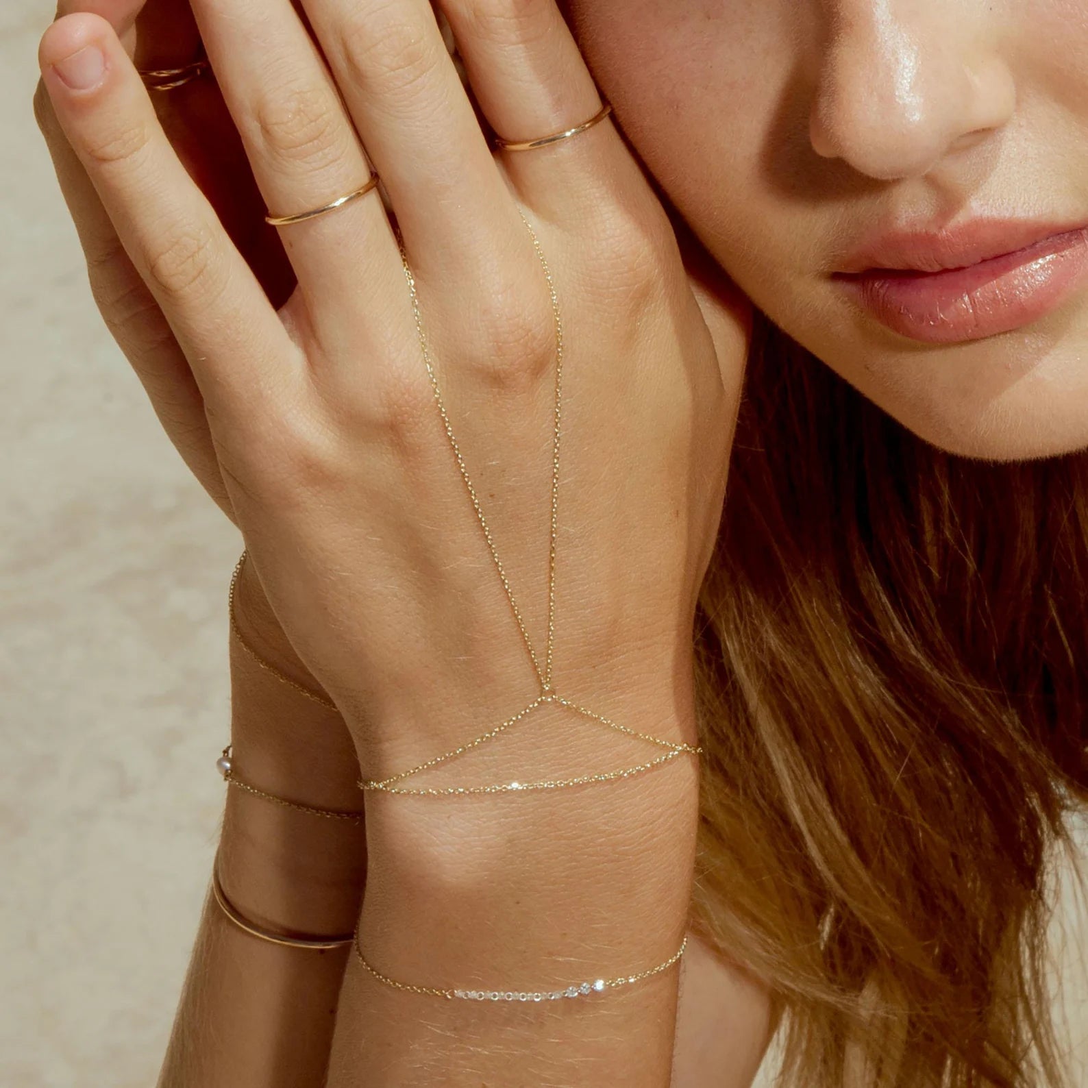 Solid Gold Hand Chain Bracelet: Dainty Minimalist Jewelry