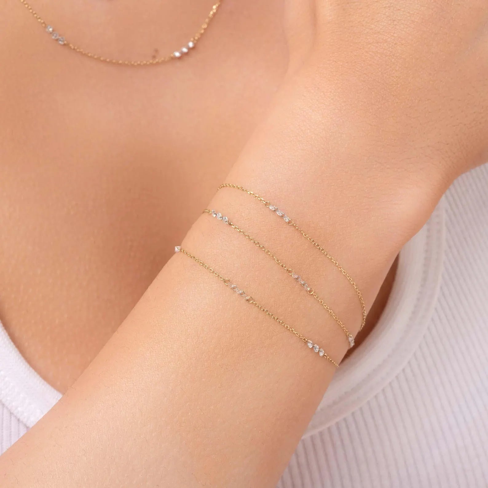 Boho Solid Gold Diamond Tennis Bracelet: Dainty Minimalist Jewelry