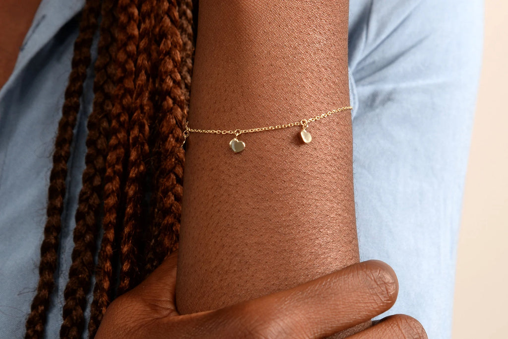 14K Solid Gold Heart Bracelet: Dainty Hanging Hearts Bracelet