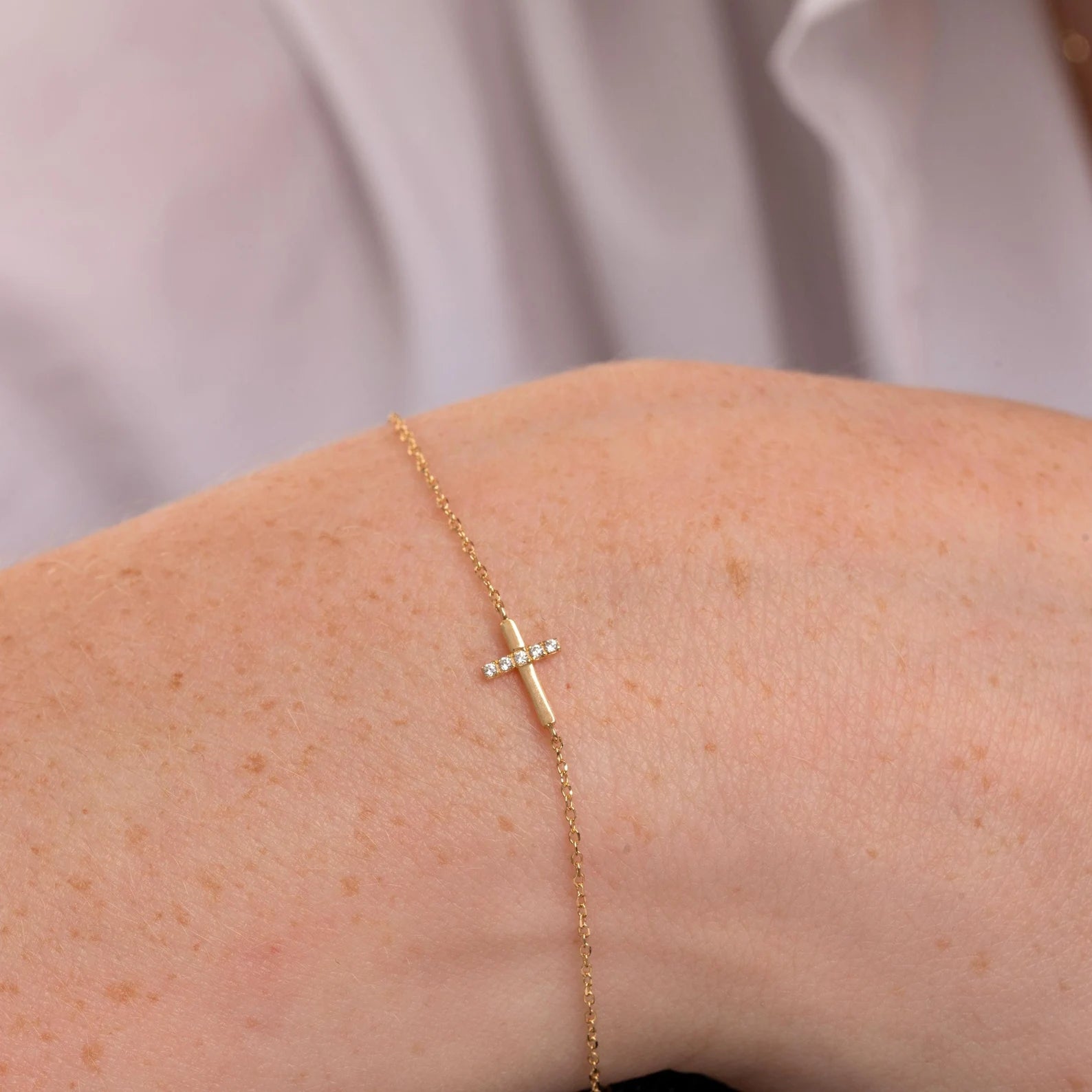 Solid Gold Diamond Cross Bracelet: Dainty Faith Jewelry
