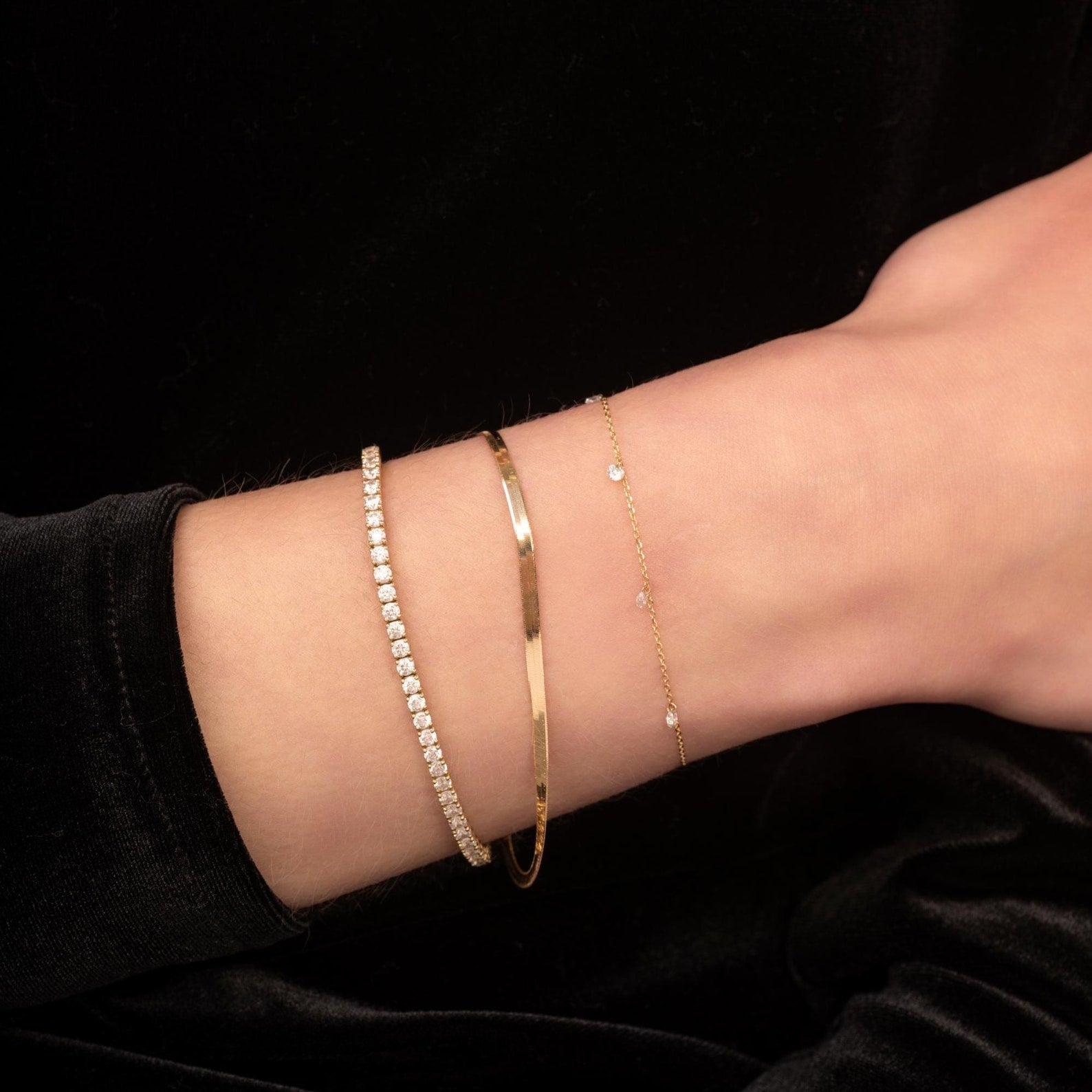 Solid Gold Herringbone Chain Bracelet: Stackable 2.5mm