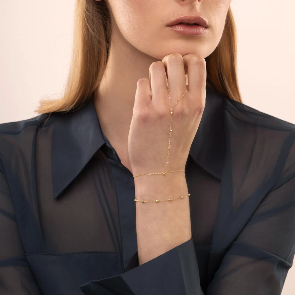 14k Solid Gold Hand Chain Bracelet / Slave Finger Chain Solid Gold Bracelet