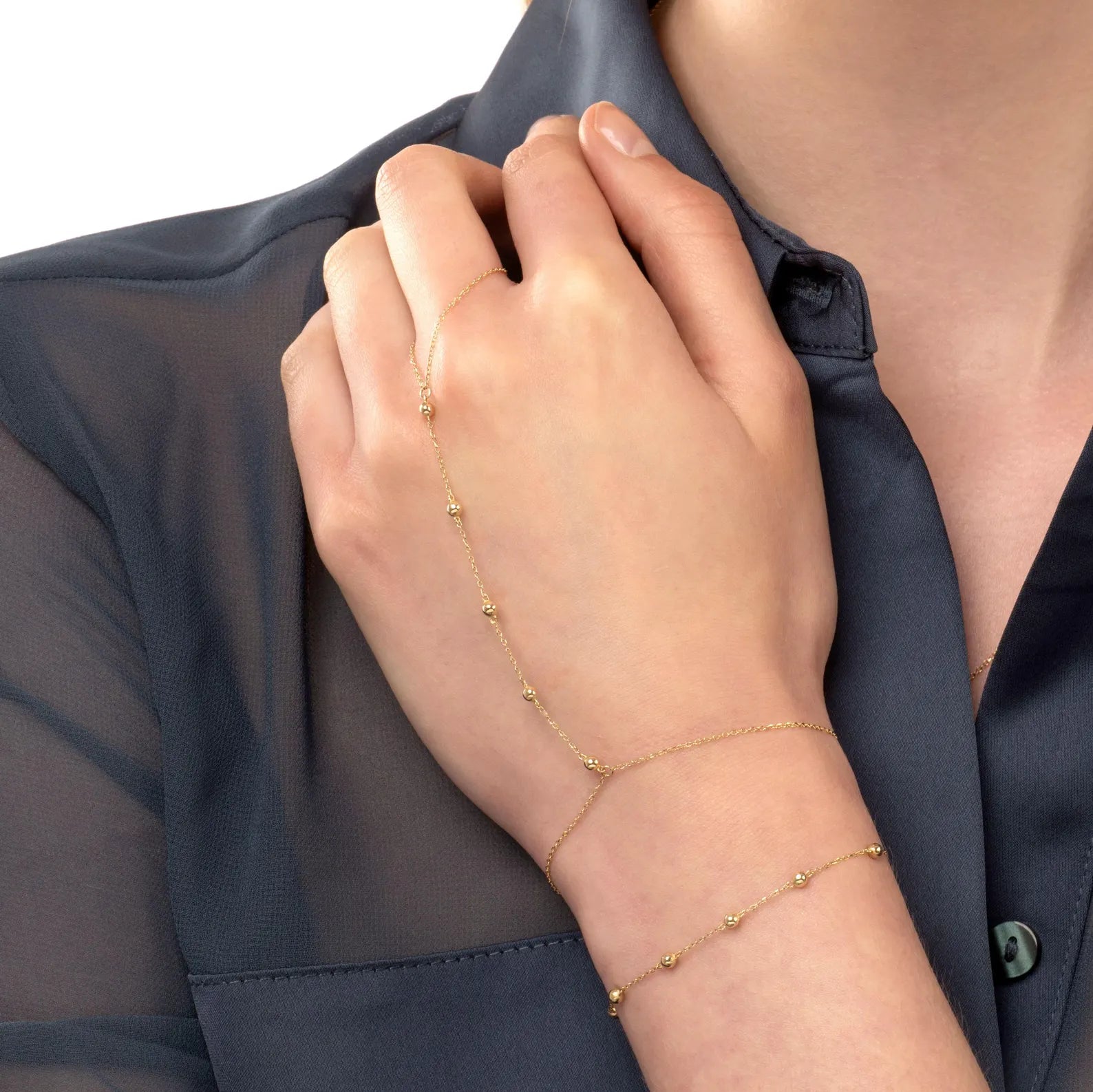 14k Solid Gold Hand Chain Bracelet / Slave Finger Chain Solid Gold Bracelet