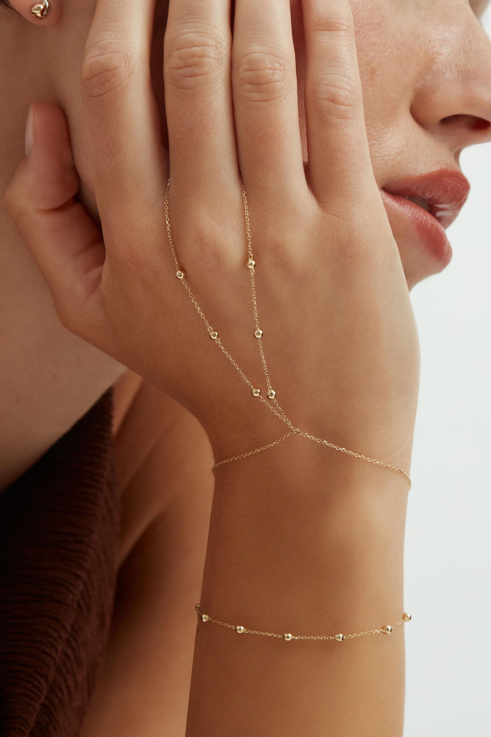 Solid Gold Beaded Hand Chain Bracelet - Boho Hand Jewelry