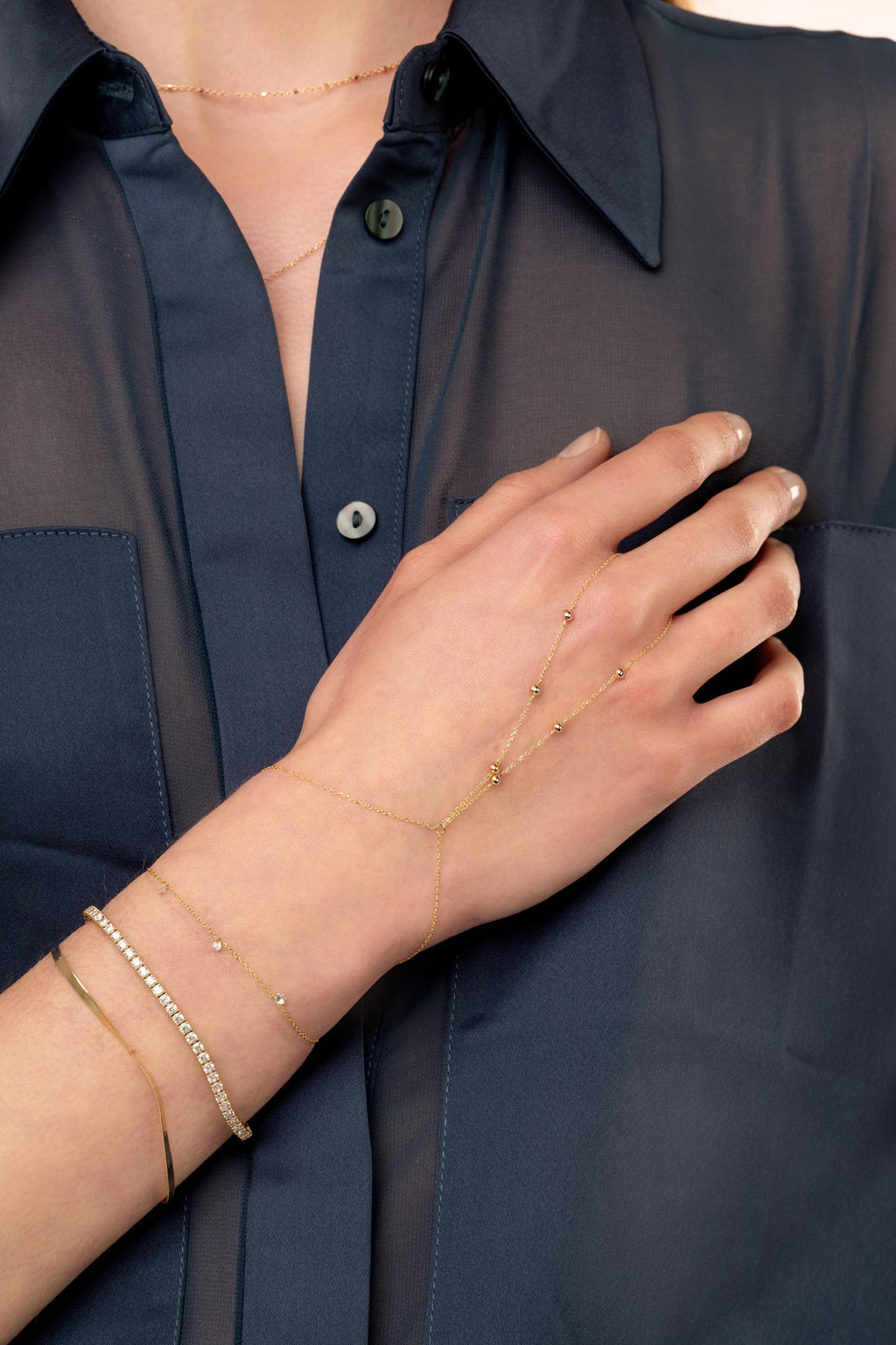 Solid Gold Beaded Hand Chain Bracelet - Boho Hand Jewelry