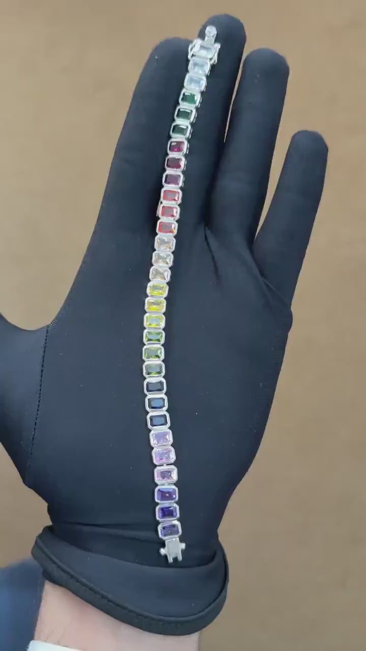 925 Sterling Silver Rainbow Sapphire Bracelet – Bezel Setting